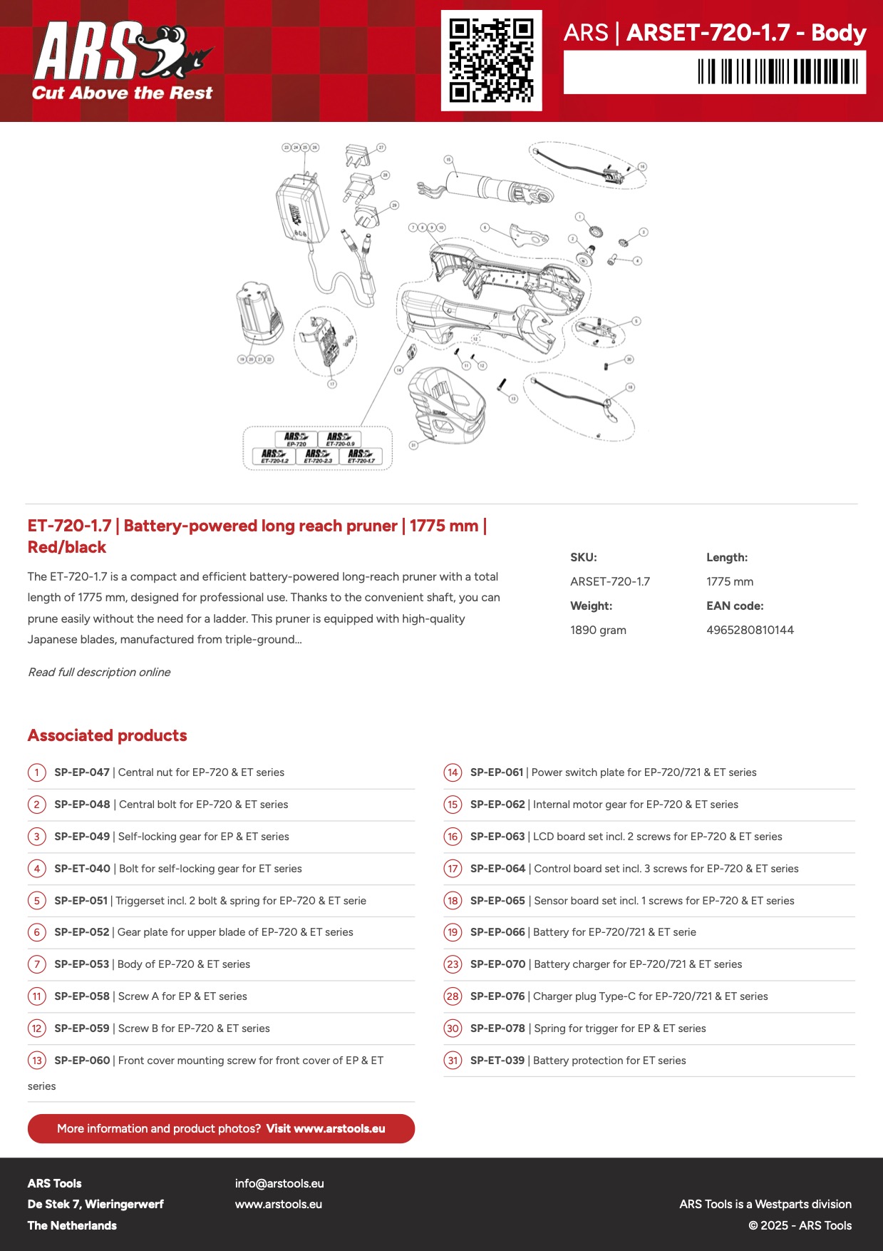Productsheet Battery-powered long reach pruner | 1775 mm | Red/black